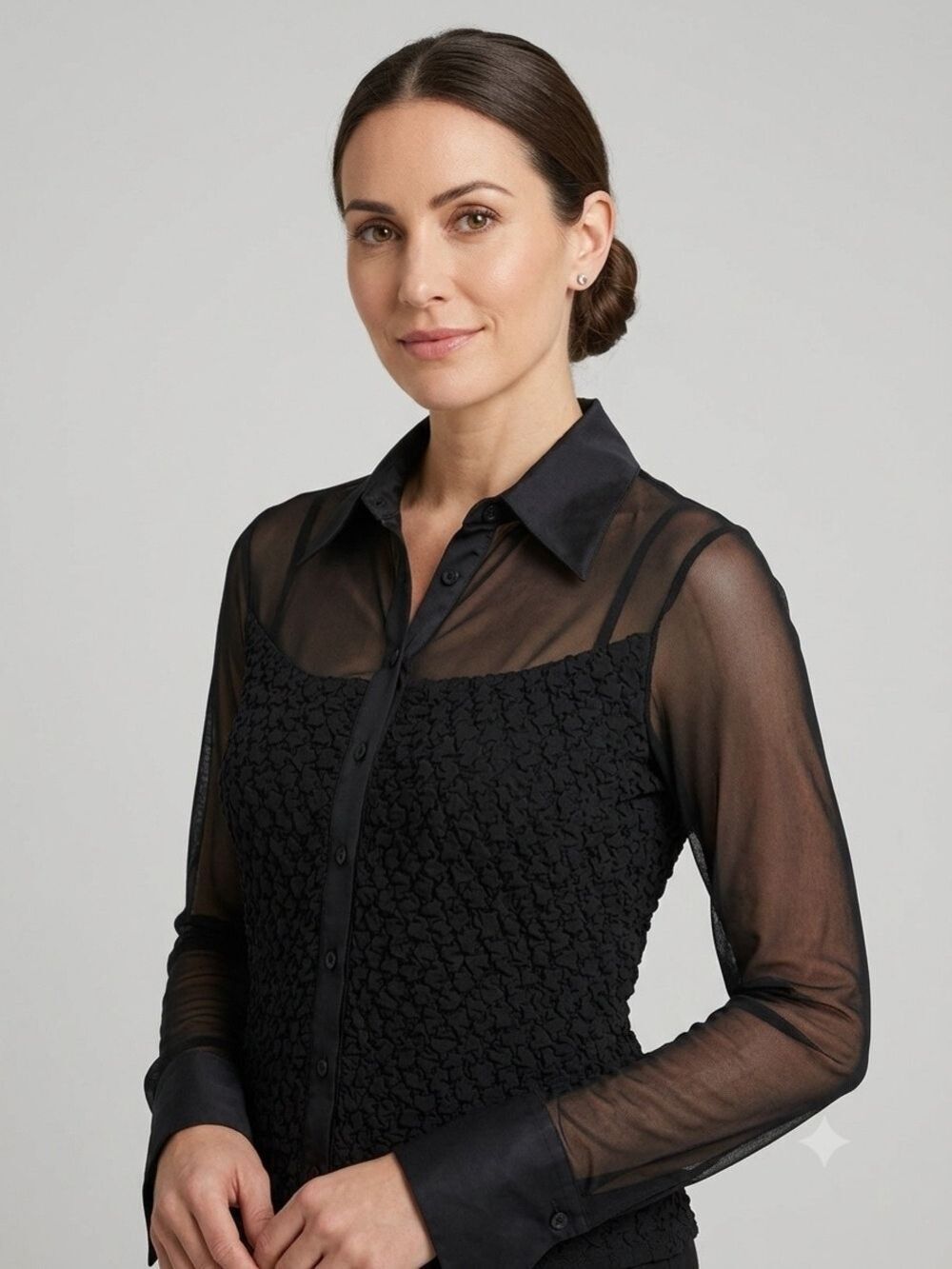 Anne Fontaine Olivier Black Sheer and Textured Button-down Shirt Size 3